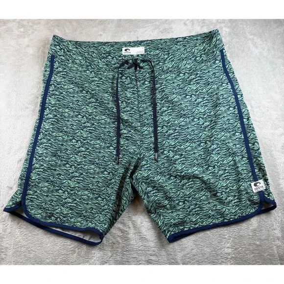 COSTA Board Shorts Mens 38 Green Wave Pattern Performance Swim Surf Trunks - Picture 1 of 6